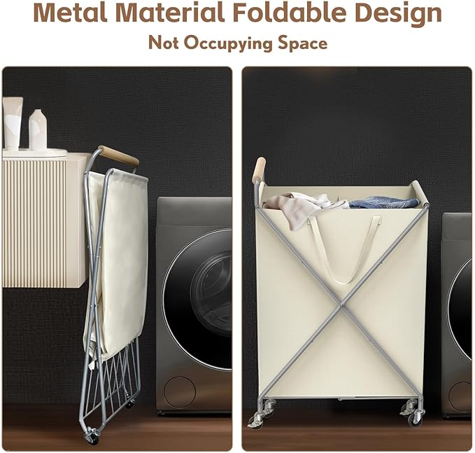 Foldable Metal Laundry Basket with Wheels, 2-Section Rolling Laundry Hamper, 37 Gallons (140L), Removable Liner, Steel Frame with Wooden Handle, Cream White