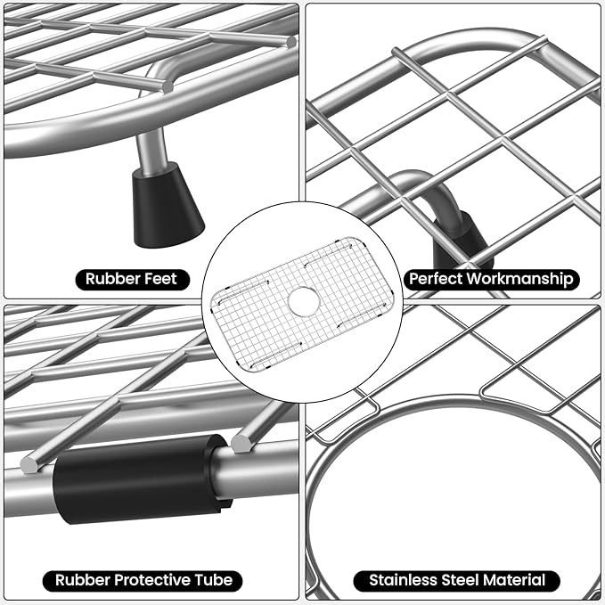 Sink Bottom Grid 27-1/2" x 14-1/4", Centered Drain with Corner Radius 3-1/2" (27-1/2" x 14-1/4" Center Drain) - for Single Bowl Kitchen Sink