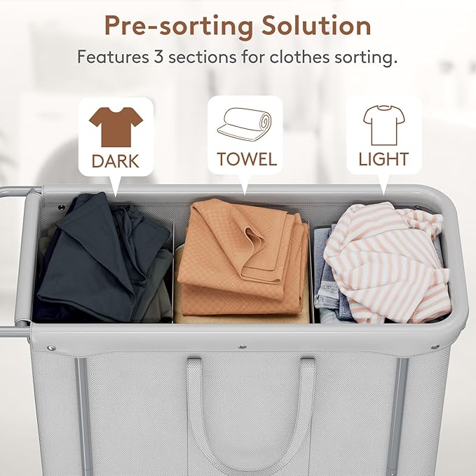 Lifewit 200L Large Laundry Basket with Wheels, Tall 3 Section Laundry Hamper Organizer, Rolling Laundry Cart with Steel Frame & Removable Bag for Luandry Room Bathroom Bedroom, Silver Gray