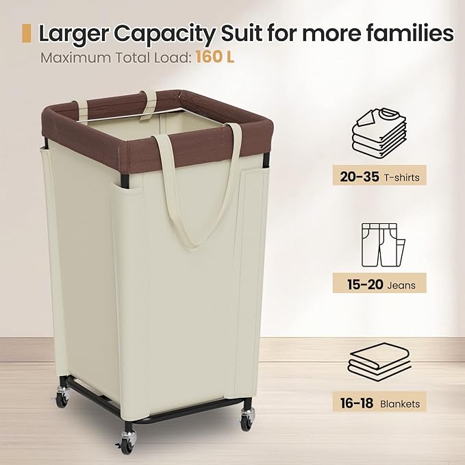 Laundry Basket with Wheels, Laundry Hamper with Removable Bag and Steel Frame, 160L Rolling Dirty Clothes Basket for Bedroom, Bathroom, Laundry Room (White-Brown)