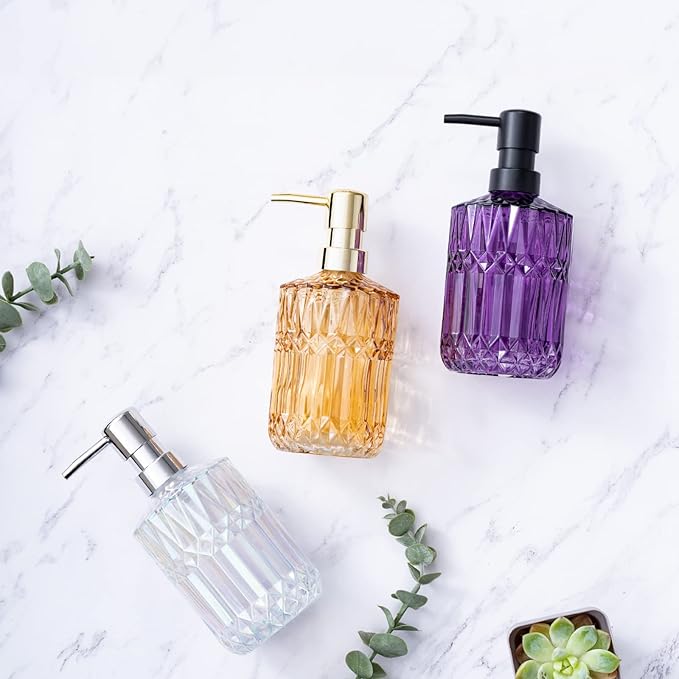 Diamond Design 12 Oz Green Glass Soap Dispenser,Refillable Lotion Soap Dispenser for Bathroom, Kitchen, Hand Soap, Dish Soap,Shampoo, Ideal for Bathroom Countertop. (Clear Gold)