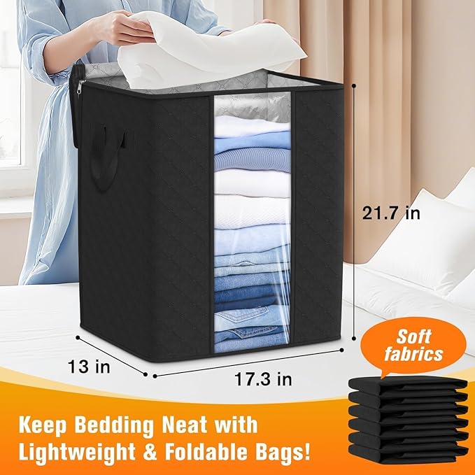 Clothes Storage Bags, 6-Pack Comforter Blanket Organizers, 80L Large Capacity Containers with Visual Window for Clothing, Quilt, Sheet, Pillow, Closet Organization for Bedding (Black)