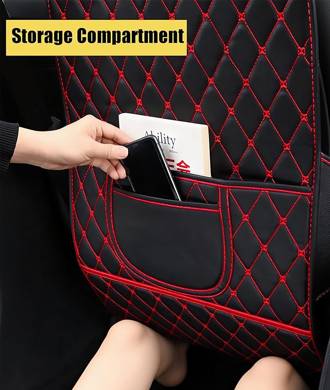 Leatherette Car Seat Protector - 2 Pack Large Car Kick Mats with Storage Pockets Organizer Seat Back Cover Against Dirty Shoes & Scratches, Universal Fit for Most Vehicles, Black with Red Line