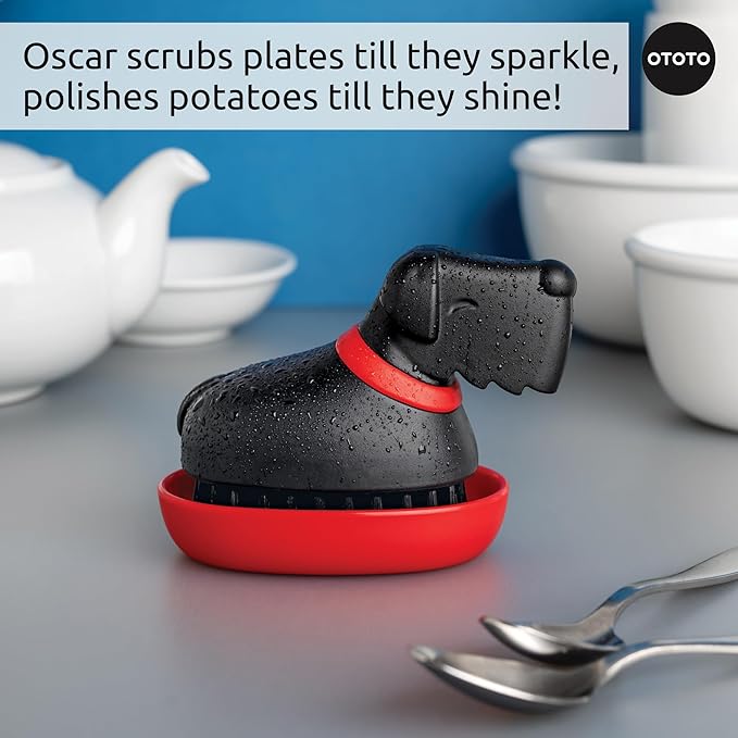 (NEW) OTOTO Oscar Dog Dish Brush - Dog Gifts, Daschund, Wiener Dog, Dish Scrub Brush, Dish Scrubber, Kitchen Vegetable Scrub Brush Palm Brush, White Elephant Gifts, Cute Kitchen Gadgets