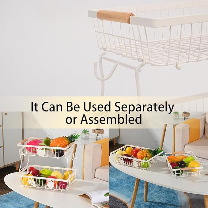 2 Tier Fruit Basket Bowl with 2 Banana Hangers, Fruit Stand Holder for Kitchen Countertop, Detachable Metal Wire Vegetable Storage Organizer, for Bread Snack Veggies Produce, white