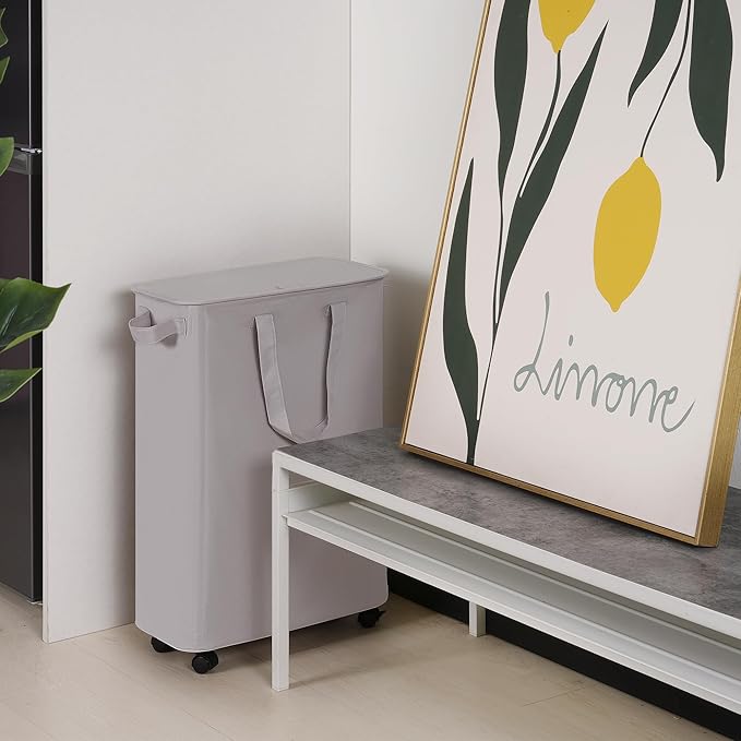 Slim Laundry Hamper with Lid and Wheels, Small Rolling Laundry Basket with Handle for Small Spaces, Tall Dirty Clothes Hampers for Dorm, Bathroom and Bedroom, 55L, Grey
