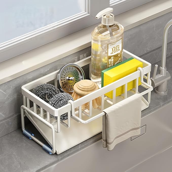 BREIS Sponge Holder for Kitchen Sink, Caddy Organizer with Rag Holder, Countertop Self-Draining Sponge Caddy, Rustproof Sink Storage Rack for Soap Dispenser Storage Accessories (White)