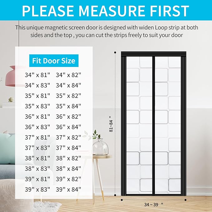 Adjustable Insulated Door Curtain, Magnetic Thermal Self-Closing Privacy Door Screen, Fit Doors Size Width 34" - 39" Height 81" - 84", Hands Free with Closure Weighted Bottom, Grey