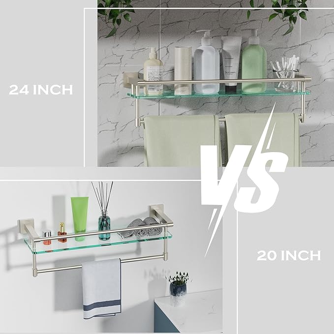 SFGSOWOR 24-Inch Modern Wall-Mounted Bathroom Glass Shelf with 1 Shelf, Brushed Nickel, 1 Towel Bar, 45 lbs Weight Capacity