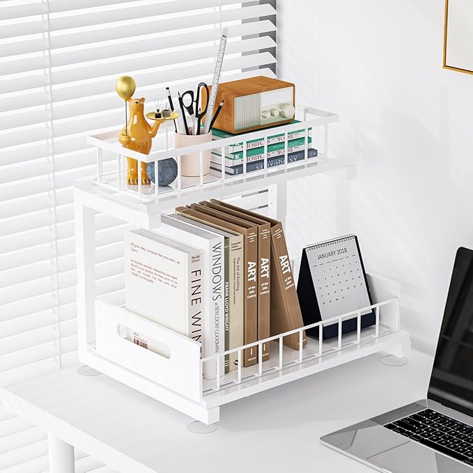 Under Sink Organizer, Heavy Duty Metal Pull Out Cabinet Organizer Slide Out Sink Shelf Organizer Height Adjustable, Multi-Purpose Storage Shelf for Kitchen Bathroom(White,1Pack)