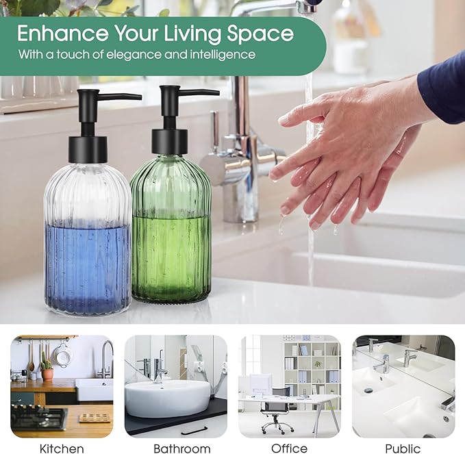 Topsky 2 Pack Glass Soap Dispenser with Black Plastic Pump, 400ml Liquid Hand Soap Dispenser, Rustproof Pump for Kitchen & Bathroom, Great for Lotions, Essential Oil, Liquid Soaps-Clear & Green