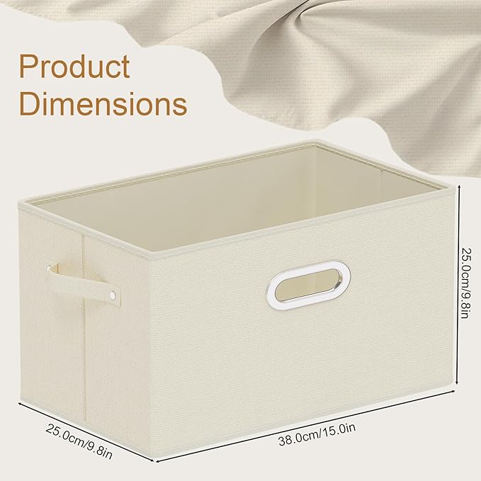 Foldable Cloth Basket with 3 Handles, Decorative Open Storage Boxes, Stackable Cube Organization, Fabric Bins for Shelves, Closet, Living Room, 15x9.8x9.8in, Beige, 4 Pack