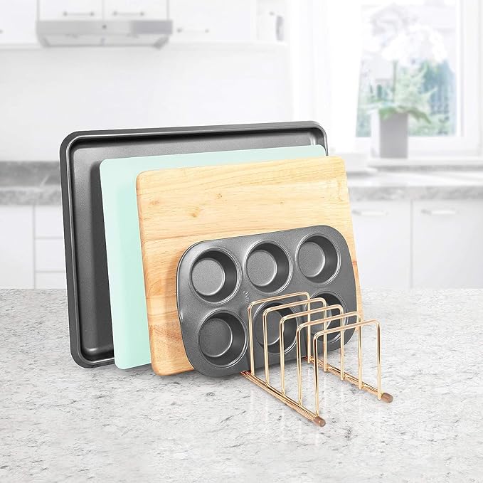 FitWell Kitchen Bakeware Organizer,Plate Racks,Rack for Plastic Lids,Cutting Boards,Cookie Sheets,Pots & Pans Holder,Compact Kitchen Storage,Cabinet Organizer (Copper)