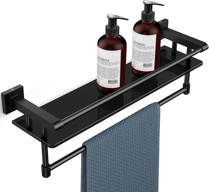 SFGSOWOR Glass Shelf for Bathroom 20 Inch Bathroom Shelves with Towel Bar Tempered Glass Shelves with Stainless Steel Towel Holder for Wall (All Matte Black)