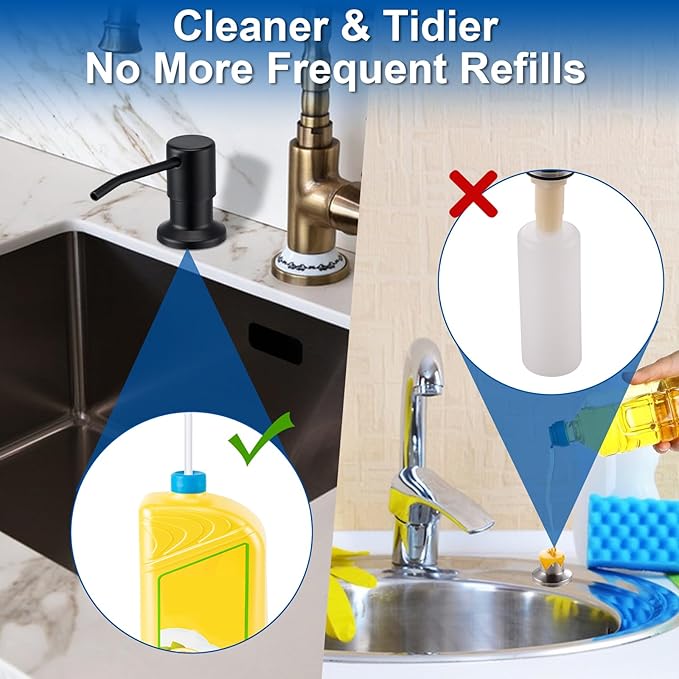 Soap Dispenser for Kitchen Sink, Built in Sink Soap Dispenser (Matte Black), Countertop Dish Soap Dispenser Stainless Steel Pump with 47" Extension Tube kit, No Need to Frequent Refills