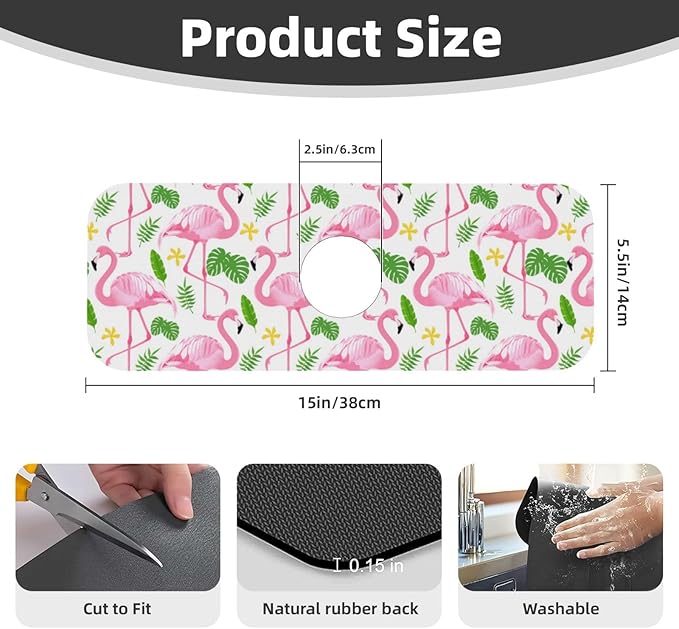 Faucet Draining Mat For Kitchen Sink, Pink Flamingo Leaf Diatom Mud Absorbent Drain Pad For Bathroom Kitchen Sink Splash Guard Drying Mat