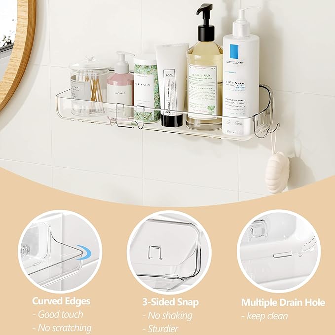 UDD Acrylic Clear Shower Caddy Shower Organizer, Plastic Adhesive Shelf with Hook and Self Adhesive Tape, No Drilling Wall Mount Shower Shelves for Bathroom Kitchen, Transparent