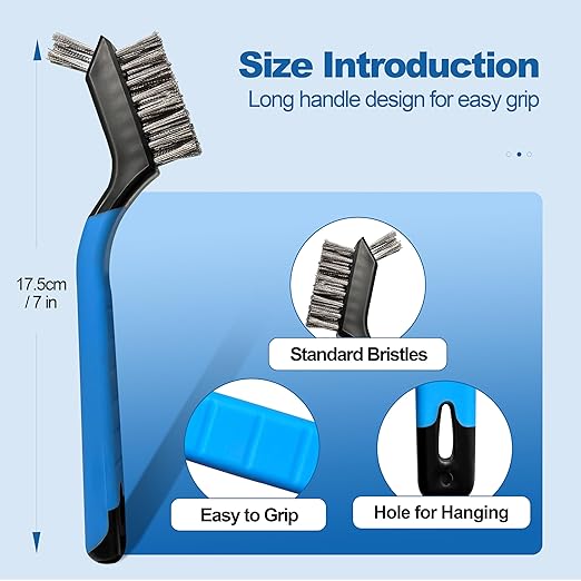 Mini Wire Brush Set 6Pcs - Stainless Steel Wire with Curved Handle Grip for Rust, Dirt & Paint Scrubbing with Deep Cleaning