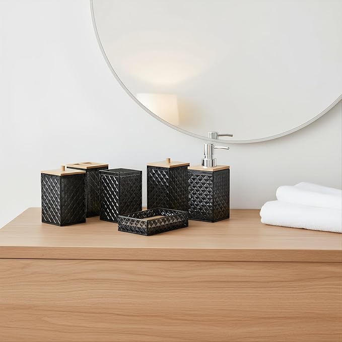 Bathroom Accessory Set,6 Pcs Black Bathroom Set Include Soap Dispenser, Qtip Holder Dispenser, Soap Dish,Toothbrush Holder & Mouthwash Cup.Boho Bathroom Set