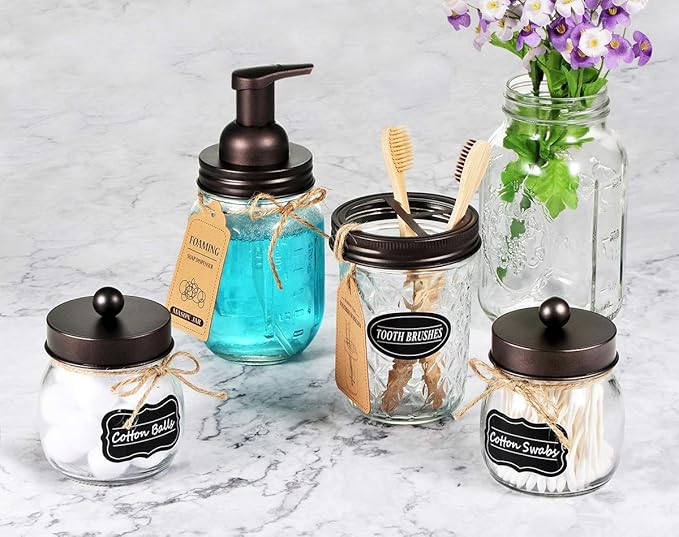Amolliar Mason Jar Foaming Soap Dispenser, Rustproof Stainless Steel Lid, BPA Free Foam Pump, with Chalkboard Labels, Rustic Farmhouse Decor, Hand Soap Dispenser Bathroom Accessories, Bronze (1 Pack)