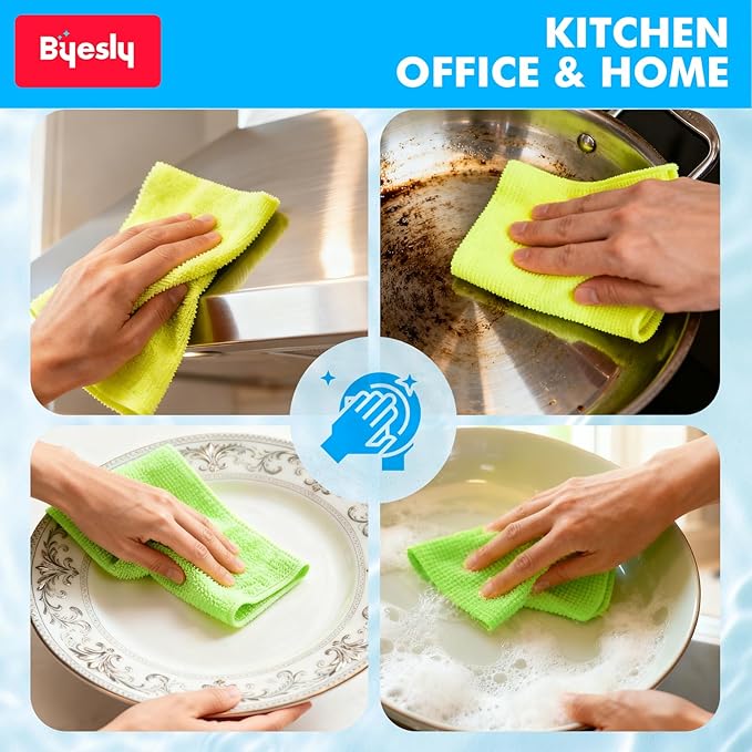 24-Pack Microfiber Cleaning Cloth, 11.5x11.5 Microfiber Towels for Cars, Dishes & House, for Detailers, Chefs & Efficient Home | Scratch-Free, Lint-Free, Ultra Absorbent(Yellow/White/Blue)