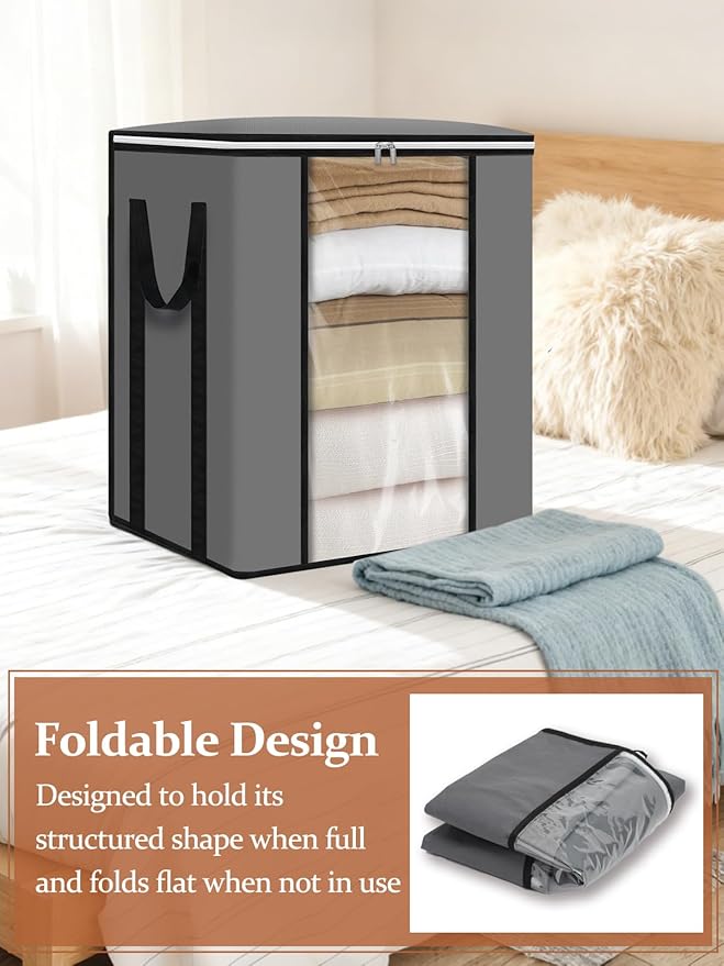 punemi 120L Blanket Storage Bags, Foldable Clothes Storage Organizer with Zipper, Reinforced Handle & Clear windows, Large Storage Bags for Blanket, Comforter, Bedding, Pillow, Clothes, 3Pack, Gray