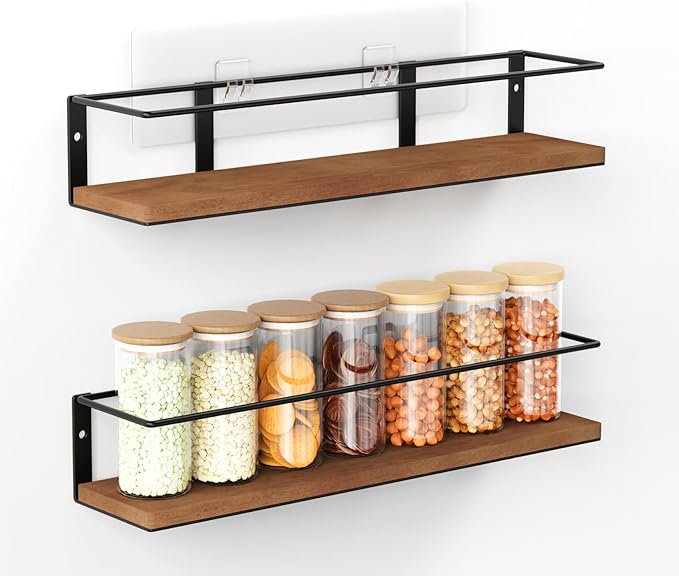 Spice Rack Self-Adhesive or drilling, Rustic Style Hanging Spice Rack, Spice Organization for Cabinet Door or Wall Mount, Over The Stove, Kitchen Wall, 2-Pack