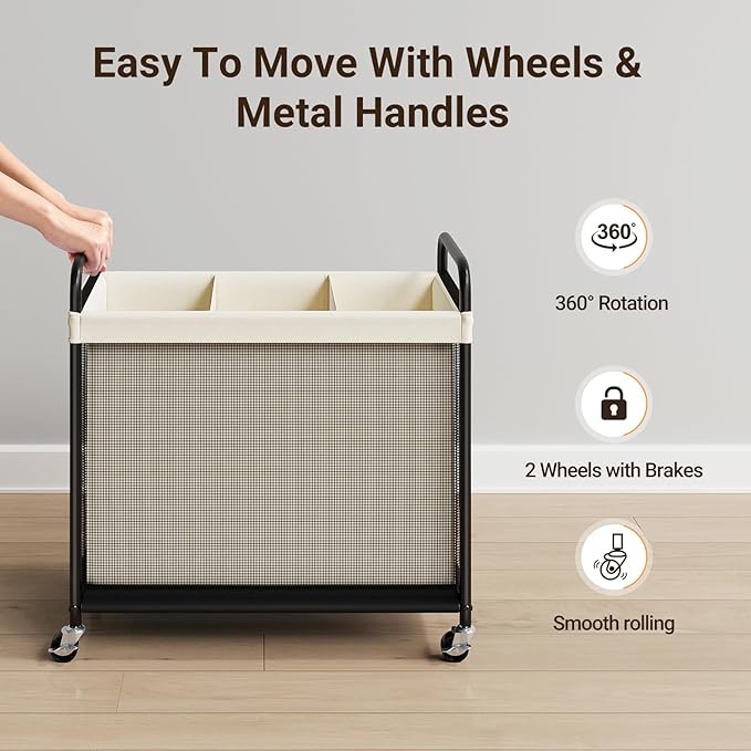 ELYKEN Laundry Hamper 3 Section, 120L Rolling Laundry Sorter with Removable Liner Bag, Laundry Basket with Wheels, Steel Frame with Metal Handle, Clothes Hamper Cart for Laundry Room & Bedroom