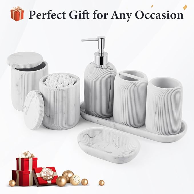 Bathroom Accessories Set - 7-Piece Resin Bathroom Set, Toothbrush Holders Set, Soap Dispenser, Qtip Holder Dispenser, Tumbler, Soap Dish & Tray, Modern Bath Decor for Home Dorm Hotel (Marble White)