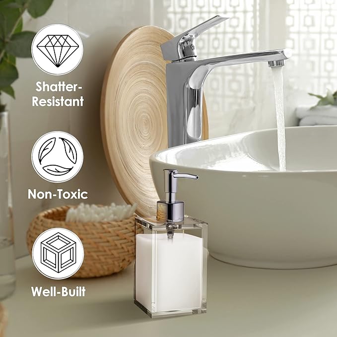 Clear Acrylic Refillable Liquid Hand Soap Dispenser with Rust Proof Stainless Steel Pump, Modern Square Bathroom Vanity Soap Dispenser | 12 oz, 1 Pack