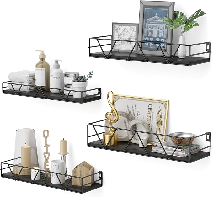 Floating Shelves Set of 4, Home Wood Wall Shelf, Farmhouse Shelf for Bedroom, Wall Mounted Floating Shelf for Living Room, Bedroom, Bathroom, Kitchen, Office (Black)