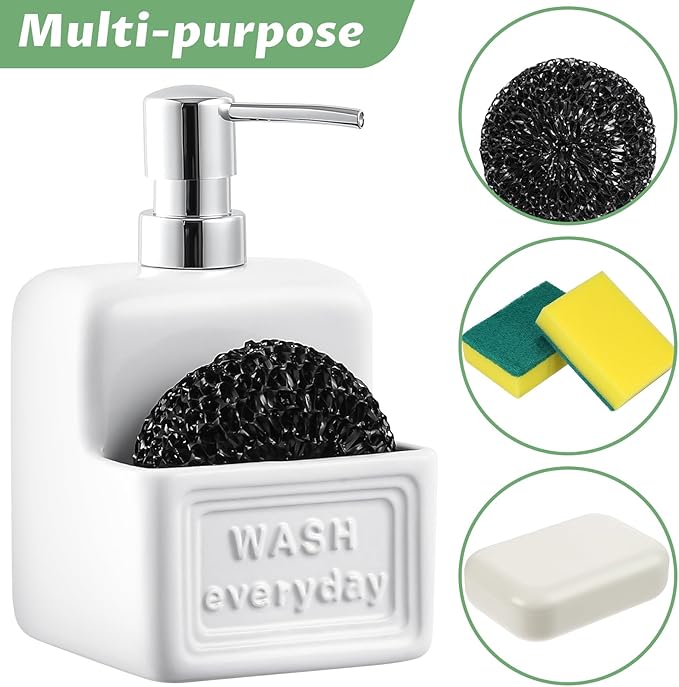 Soap Dispenser with Sponge Holder Ceramic Hand and Dish Soap Dispenser 15oz for Kitchen Bathroom