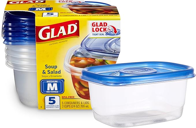 Glad GladWare Medium Rectangle Food Storage Containers with Lids, Airtight Leak-Resistant Plastic Containers for Soup Salad Meal Prep, Microwave Dishwasher Freezer Safe, 24 Oz, 5 Count