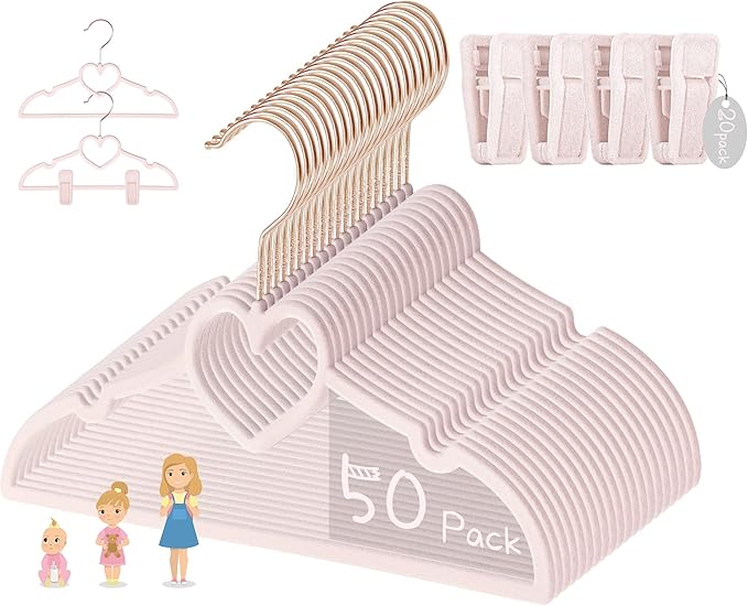 OneDream Pink Velvet Baby Hangers - 50 Pack 11inch Heart Toddler Hangers with 20pcs Clips, Non-Slip Strong and Durable Baby Clothes Hangers Without Slipping, Ultra Slim and Stackable Space Saving