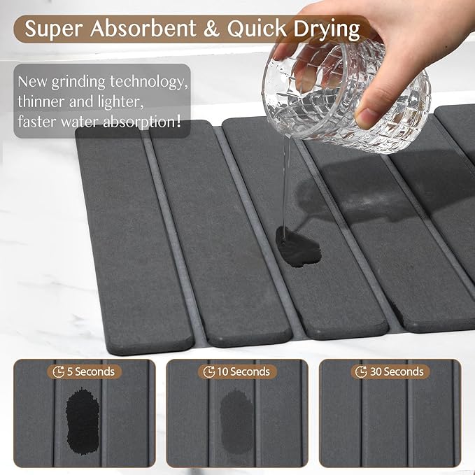 Large Stone Dish Drying Mat for Kitchen Counter, Thin & Light Quick Dry Stone Dishes Mat, Foldable Water Absorbing Diatomite Drying Pad for Kitchen Bathroom Sink Countertop (Pure Gray 24"×16" & 8"x4")