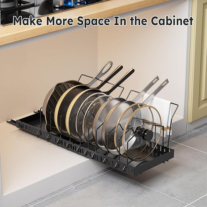 Pull-out Pots and Pans Organizer Under Cabinet - 1 Pack Expandable Pot and Pan Organizer Rack with 10 Adjustable Dividers for Pot, Cutting Board, Dishes, Lid, Baking Tray