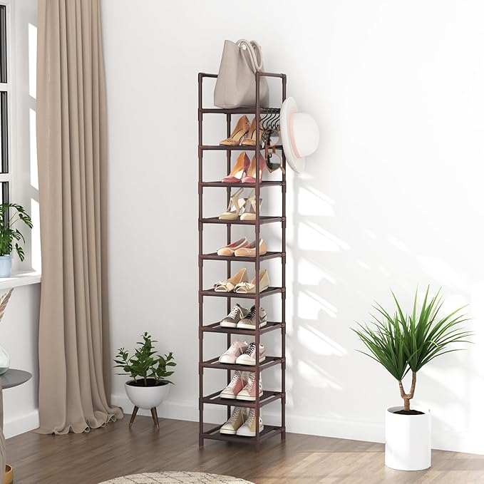 Tall Shoe Rack 10-Tier Narrow Shoe Shelf Storage for 10-15 Pairs Shoe and Boot, Sturdy Shoe Storage Space Saving Corner Shoe Rack Organizer for Closet, Entryway, Living Room, Brown