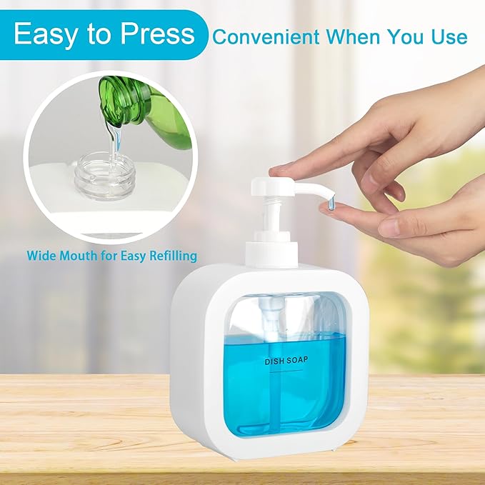 Modern Soap Dispenser for Bathroom and Kitchen Sink, Small Hand Soap Plastic Dish Soap Dispenser with Pump and Labels - White