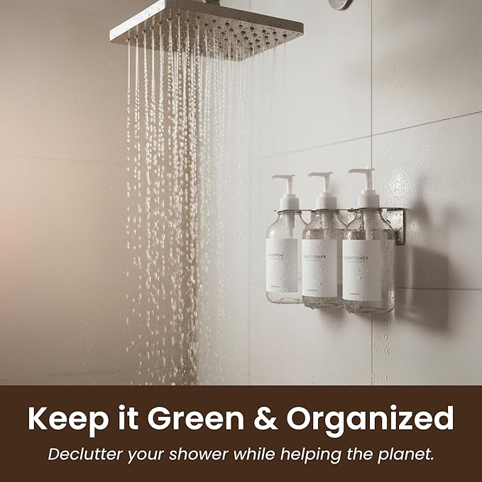 MaisoNovo Shampoo and Conditioner Dispenser - Shower Soap Dispenser Wall Mounted - 16.9 fl oz Set of 3 Clear Plastic Bottles White Pump - Shampoo Dispenser, Shower Dispenser 3 Chamber No Drill