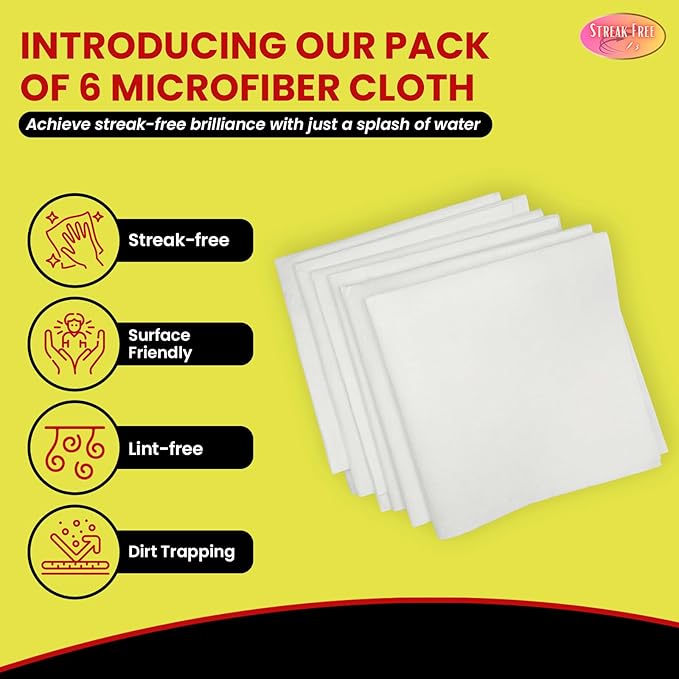 Microfiber Glass Cleaning Cloths, 6 Pack - 16" x 16" Lint-Free Window & Mirror Cleaning Towels, Streak-Free Reusable Cloths for Glass, Cars & Home - Just Use Water