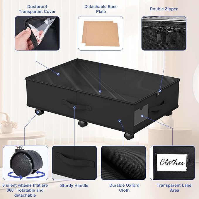 Babenest 4-Pack Under Bed Storage Organizer with Clear Zippered Lid, Foldable Rolling Underbed Drawers on 6 Wheels, Space Saving Clothes, Shoes, Toy Storage for Bedroom, Dorm, Closet