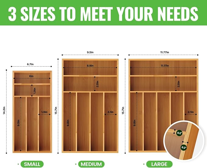 Bamboo Silverware Organizer, Bamboo Kitchen Drawer Cutlery Organizer, Utensil Holder, Flatware Organizer Tray (15.8"x11.7"x1.6")
