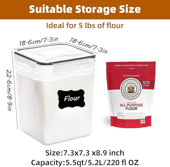 stusgo 5.2L (175oz) 4-Pack Airtight Food Storage Containers with Organization Kit - BPA-Free Plastic Canisters for Flour, Sugar, Rice & Baking Supplies, Includes Lids, Measuring Cups & Labels, Black