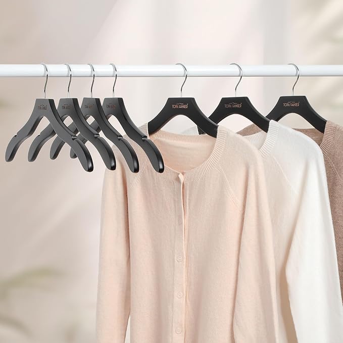 TOPIA HANGER Wooden Coat Hangers 12 Pack, Premium Wood Suit Sweater No Shoulder Bump Hangers, 360° Swivel Hook and Cut Notches Clothes Hangers for Sweater, Hoodie, Shirts, Jackets, Dress, Black CT84B