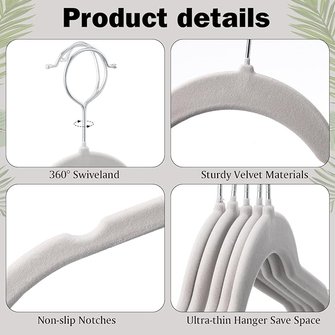 50 Pack Velvet Hangers Non-Slip Shirt Clothes Hangers 360° Swivel Hook Slim Flocked Coat Hanger Heavy Duty Space Saving Felt Hanger for Women Men Pants Jackets Dress (Grey)