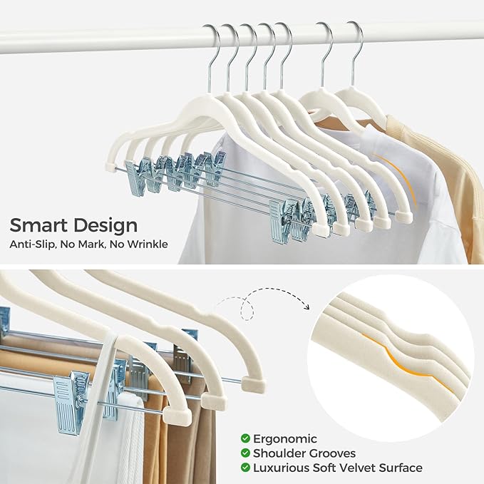 HOUSE DAY Velvet Hangers with Adjustable Clips 20 Pack, Non-Slip Suit Organizer with 360° Hook - Heavy Duty Hanger for Pants, Skirts, Blouses, Dresses - Outfit Hangers All-Season Space Saver (Ivory)