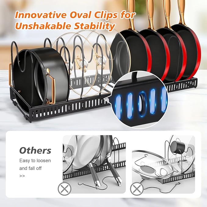 2 Pack Pot and Pan Organizer Rack, 12"-23" Expandable Pot Lid Organizer with 13 Adjustable Dividers, Pan Holder Storage Rack for Kitchen Cabinet, Black&White
