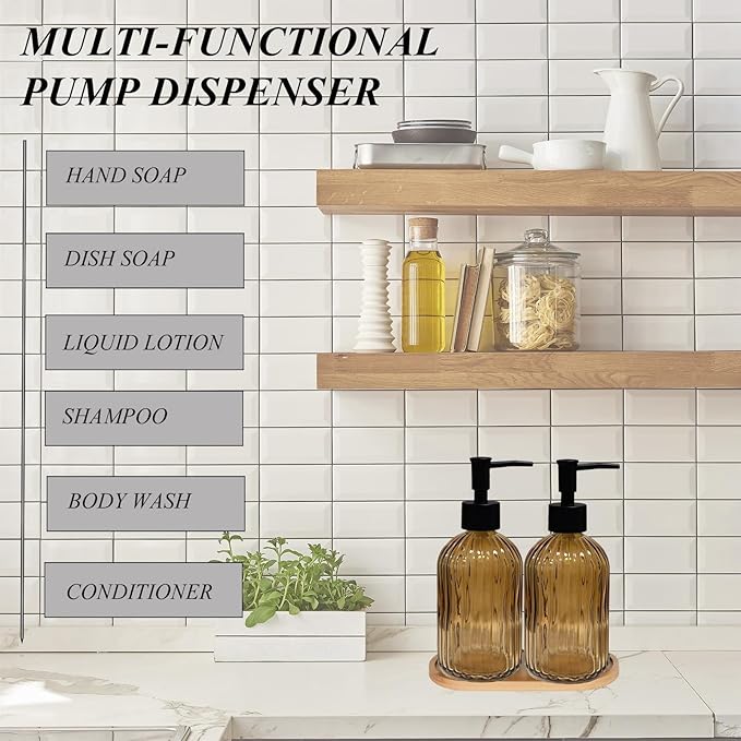 Glass Hand and Dish Soap Dispenser Set of 2 with Plastic Pumps, Bamboo Tray, 13.5oz Brown Bathroom Soap Dispenser with Vertical Stripe for Hand Wash & Dish Wash, Ideal for Bathroom Kitchen Countertop