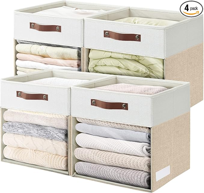 Storage Cubes, 4 Pack Linen Foldable Storage Bins with Clear Window and 2 Handles, 13x15x13 Storage Cube Bins for Shelf Closet, Kallax, Clothes, Books - (Beige and White)
