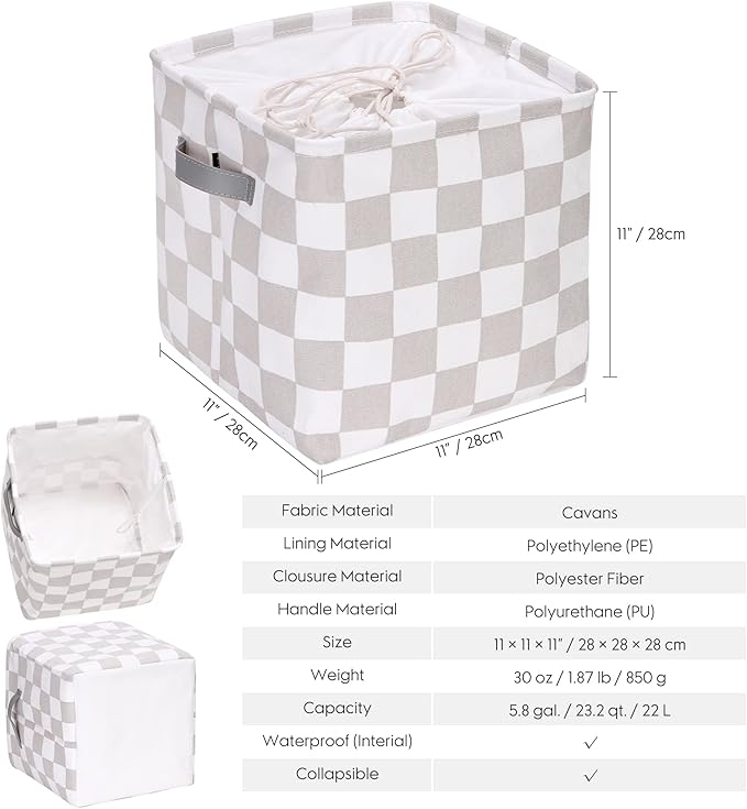 Hinwo 3-Pack Cubic Organizer Shelf Bins, Canvas Fabric Storage Baskets with Handles, 22L/5.8-Gal Square Storage Bins, Cubes, Collapsible Storage Box, 11 x 11 x 11 Inches (S, Grey Checkerboard)
